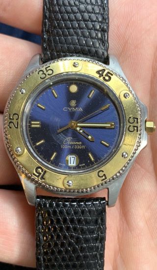 Vintage Cyma Oceana 100m Quartz Dive Watch Sapphire Crystal Band