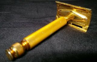 Vintage Gillette Gold Plated 3 Piece Double Edge De Safety Razor Gp Knurled End