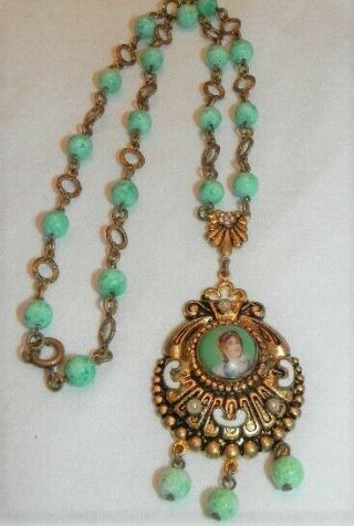 Vintage Art Deco Peking Glass Bead Necklace Enamel Seed Pearl Lady Portrait Pend