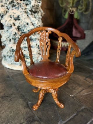 Miniature Dollhouse Artisan Vintage Half Round Swivel Desk Chair Leather Seat
