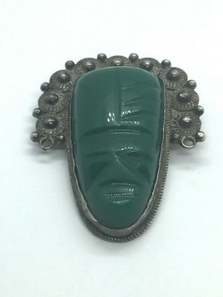 Vintage Sterling Silver Brooch Tribal Green Malachite Aztec Mask Mexico Mayan