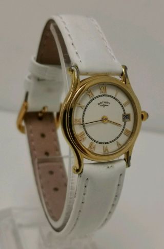 Vintage Rotary Ls0773 Ladies White Quartz Cabochon Wrist Watch & Leather Strap