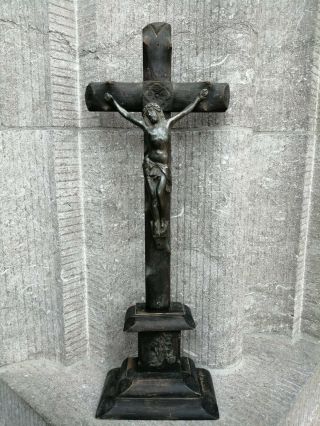 Antique Black Forest Carved Wood Cross Crucifix Metal Jesus Corpus Standing.