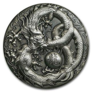 2018 Tuvalu Antiqued Dragon 5 Oz High Relief Silver Coin Cert 427