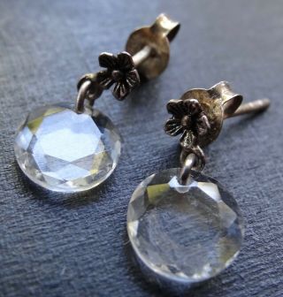 Vintage 925 Sterling Silver Flower Clear Stone Dangle Drop Pierced Earrings A68