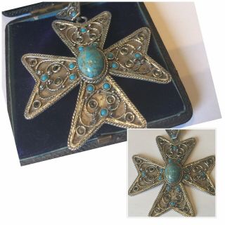 Vintage Art Deco Sterling Silver 800 Turquoise Marcasite Maltese Cross Pendant