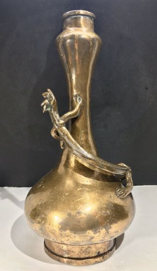 Chinese Antique Gold Splashed Bronze Dragon Lizard Bottleneck Vase