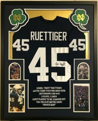 Framed Notre Dame Rudy Ruettiger Autographed Signed Stat Jersey Jsa