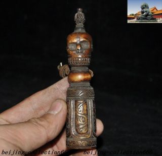 4 " Tibetan Buddhism Old Carved Skull Head Amulet Talisman Seal Statue