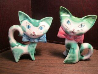 Vintage Pair Ceramic Figurines Cats - Kittens - Green - Blue & Pink Bows - Japan