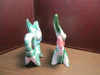 Vintage Pair Ceramic Figurines Cats - Kittens - Green - Blue & Pink Bows - JAPAN 2