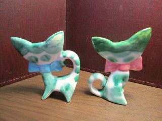 Vintage Pair Ceramic Figurines Cats - Kittens - Green - Blue & Pink Bows - JAPAN 3
