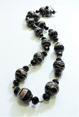 Vintage Black Gold White Feathered Lampwork Art Glass Bead Necklace De19128