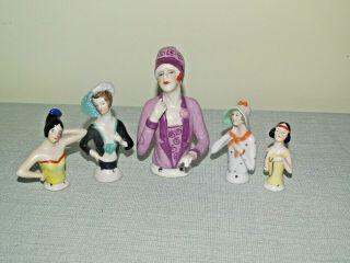 Antique Vintage Half Doll Pin Cusion Dolls X5 Dressel Kister ? German Art Deco