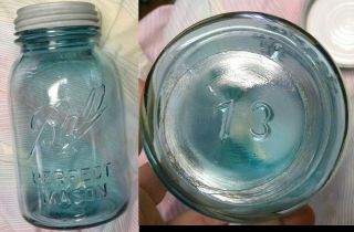 Vintage Number 13 Ball Underscore Fruit Jar Qt Ball Blue Bpm W/zinc Lid