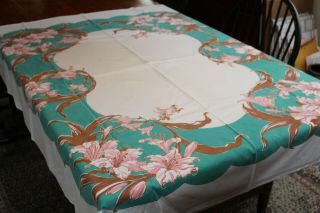 Vintage Cotton Tablecloth 52x60 Flowers In Pink & Brown W Green