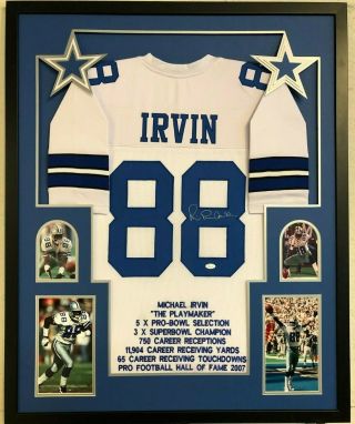 Framed Dallas Cowboys Michael Irvin Autographed Signed Stat Jersey Jsa