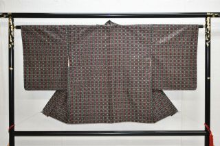 Vintage Silk Kimono Jacket:oshima - Tsumugi Black/red Geometric@yx48