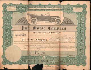 1918 Pan Motor Car Company Stock Certificate Ten Shares St.  Cloud Minnesota
