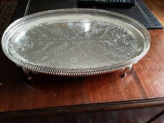 Vintage Silver Plated Serving Tray Mayell Oval Floral Etched Claw Feet Gc
