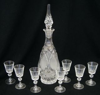 Vintage Set Of Crystal Decanter & 7 Cordial Glasses Etched 11 " Stopper Ornate