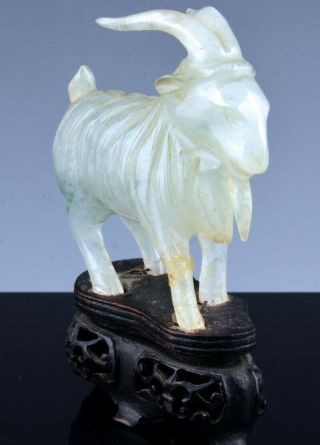 Great Antique Chinese Carved Ice White Green Jade Jadeite Goat Ram Figure Stand