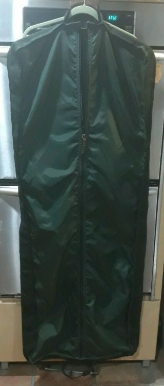 The Orvis Company Vintage Dark Green Garment Bag Luggage Leather Trim 2 Hangers