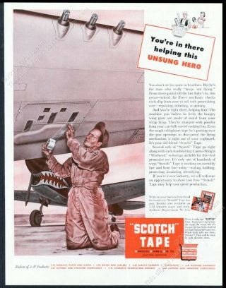 1943 Flying Tigers Plane Usaf Mechanic Pic 3m Scotch Tape Vintage Print Ad