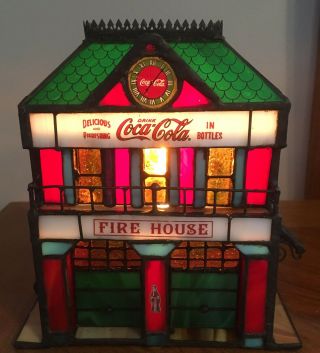 1999 The Franklin Coca Cola Stained Glass Antique Fire House Lighted House