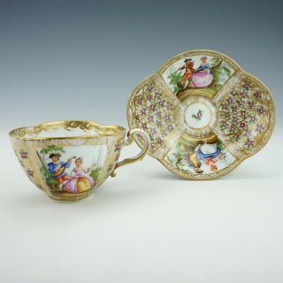 Antique Meissen Dresden Porcelain - Hand Painted Courting Couple - Cup & Saucer