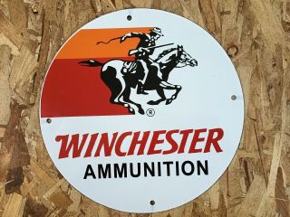 Vintage Winchester Porcelain Sign Gas Oil Pump Plate Service Station Cowboy Gun
