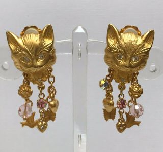 Vintage Kirks Folly Gold Tone Rhinestone Kitty Cat Clip Earrings - Orig Box