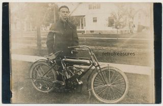 Rppc Young Man W Marsh & Metz Mm Motorcycle Vintage 1909 Real Photo Postcard