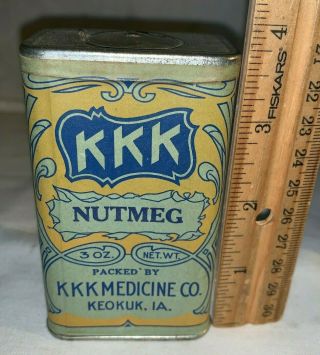 Antique Kkk Nutmeg Spice Tin Vintage Keokuk Iowa Medicine Can Ia Grocery Store