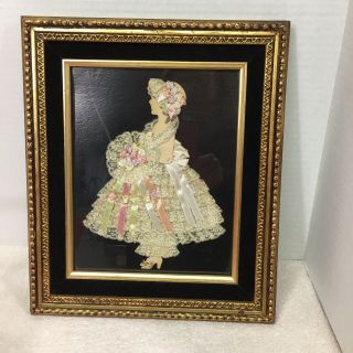 Vintage Ribbon Lace Crinoline Girl W Roses In Frame 13 X 11 Inches Handmade