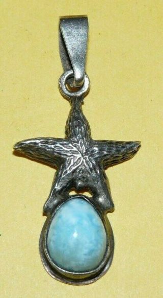 Vintage " 925 " Sterling Silver W/ Blue Larimar Gemstone " Starfish " Design Pendant
