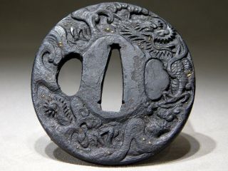 SIGNED Iron Dragon TSUBA 18 - 19thC Japanese Edo Antique Koshirae 2