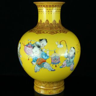 Chinese Imperial Yellow Porcelain Vase Kids & Calligraphy Deer Republic Period? 2