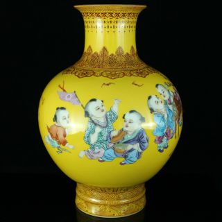 Chinese Imperial Yellow Porcelain Vase Kids & Calligraphy Deer Republic Period? 3
