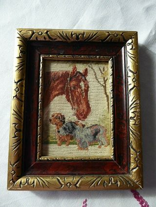 Vintage Hand Embroidered Picture Of A Horse & Two Little Dogs - Berlin Woolwork