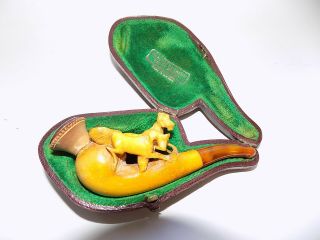 Antique Austrian Carved Meerschaum & Amber Carved Horses Smoking Pipe With Case
