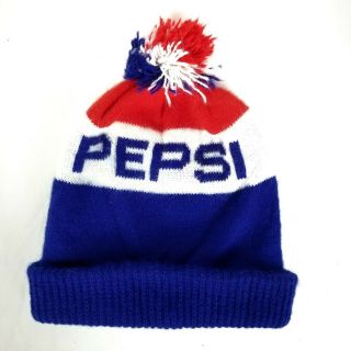 Vintage 1970s Pepsi Cola Knit Pom Beanie Winter Ski Hat Stocking Cap