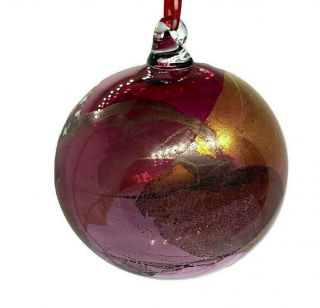 Vintage Hand Blown Art Glass Christmas Tree Ornament Purple Plum With Gold Swirl