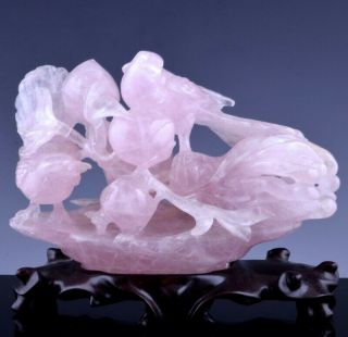 Fine Chinese Pink Rose Rock Crystal Quartz Bird Peaches Buddha Finger Citron