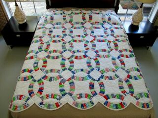 Needs Laundering: Vintage All Cotton Hand Sewn Wedding Ring Quilt; 72 " X 70 "