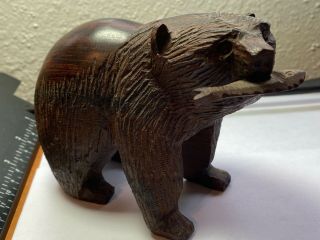 Vintage Hand Carved Wood Grizzly Bear With Fish Figure Statue