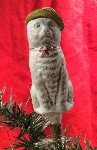Antique German Blown Glass Cat With Hat On Clip Ornament