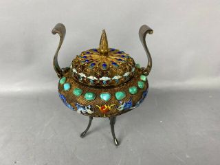 19th/20th C.  Chinese Silver Vermeil Filigree Turquoise And Gem Tripod Incense Bu