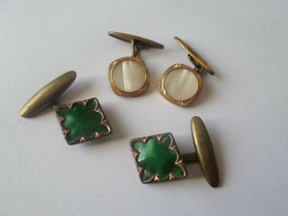 2 vintage circa Art Deco cufflinks - green enamel and mother of pearl 2