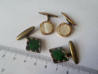 2 vintage circa Art Deco cufflinks - green enamel and mother of pearl 3